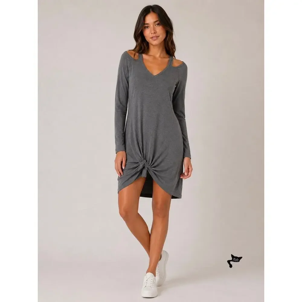 NWT Berryou Gray Cold-Shoulder Long Sleeve Front Tie Hem Knit Mini Dress Medium - Picture 4 of 12